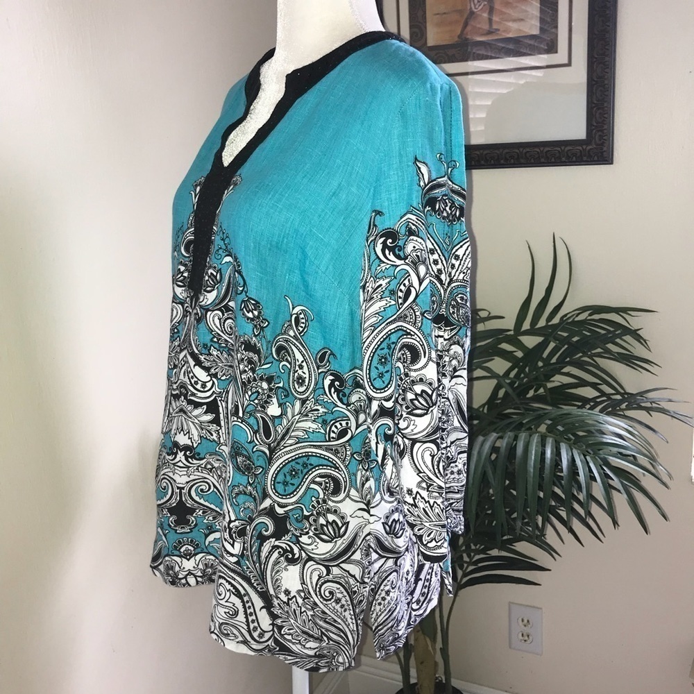 JM Collection Linen 3/4 Drawstring Sleeve Tunic Top M Blue Black White - Picture 6 of 7